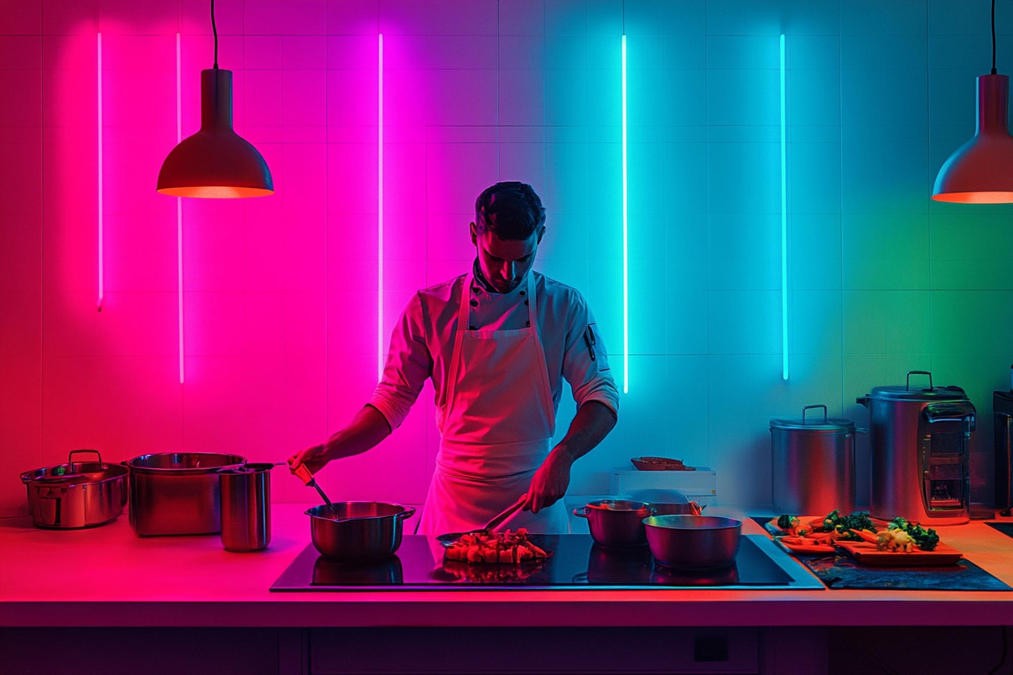Workshop kitchen with neon accents and cooking stations